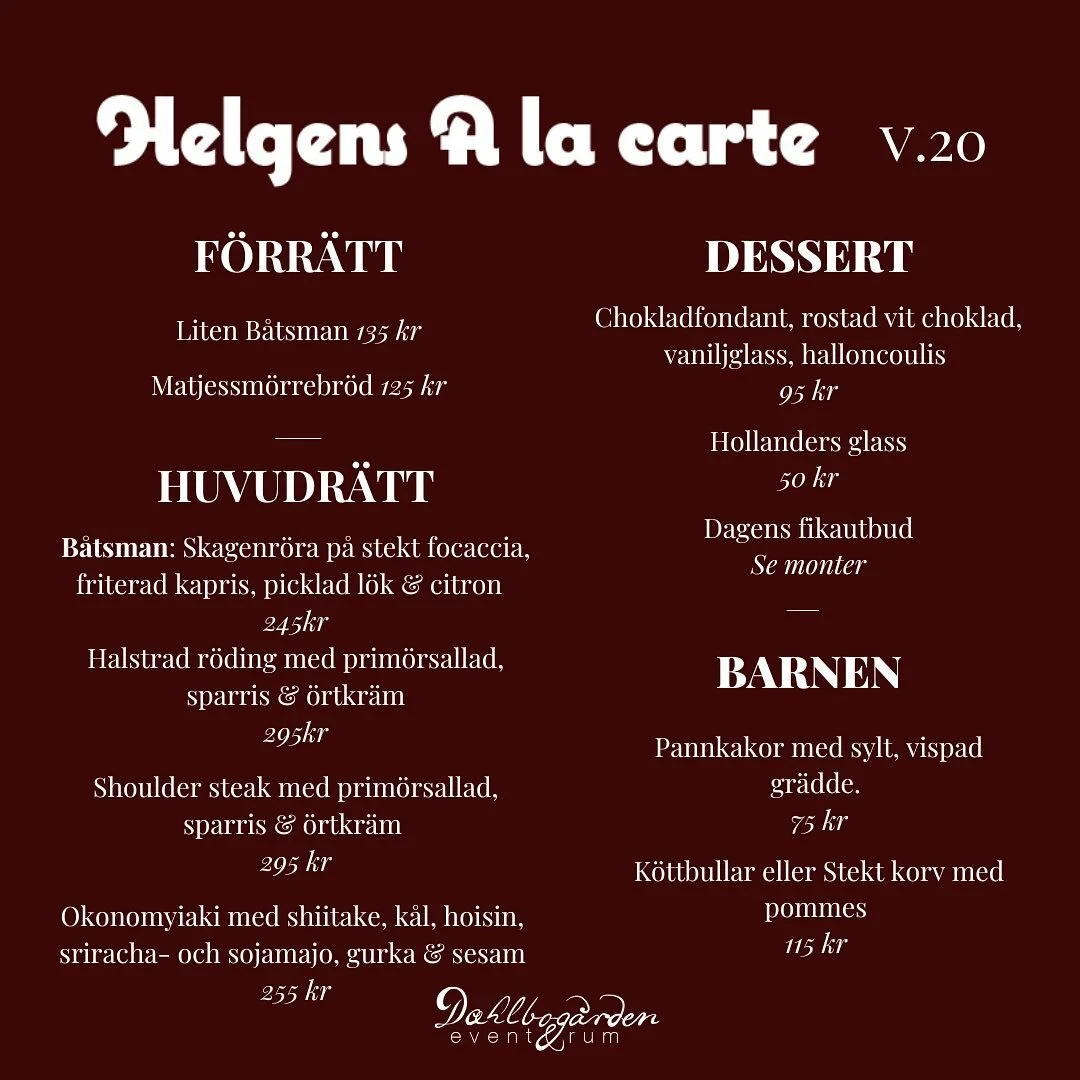 Helgens A la carte v20🤎
I helgen har vi öppet precis som vanligt med flera goda maträtter på menyn! 
Men imorgon lördag händer lite roliga grejer här på gården, vi har öppet mellan kl 12:00-16:00 och