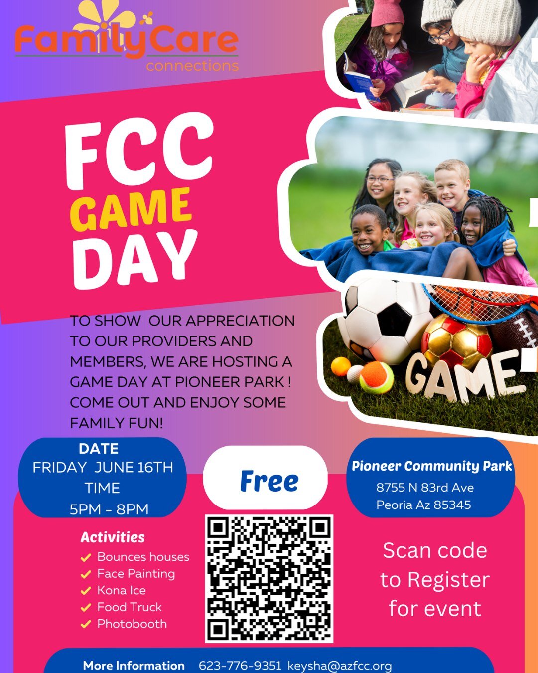 We can't wait to hang with all of our amazing providers and members! Join us for a family fun day at the park!

Scan the QR code to register or call 623-776-9352 or email keysha@azfcc.org for more information.

#azfamilyfun #familycareconnections #sp