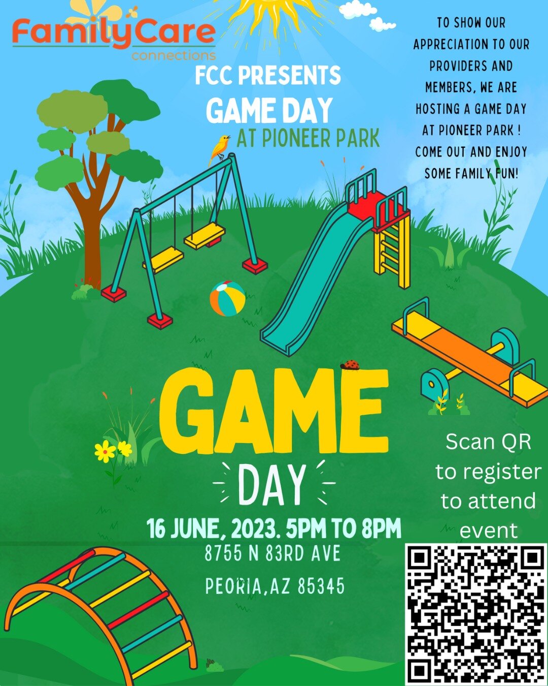 Have you registered for our Family Care Connections Game Day at Pioneer Park?

June 16th from 5-8pm
🎉 Bounce Houses
🎉 Face Painting
🎉 Kona Ice
🎉 Food Truck
🎉 Photo Booth

Scan the QR code to register for this FREE event!

#freeevent #azspecialne