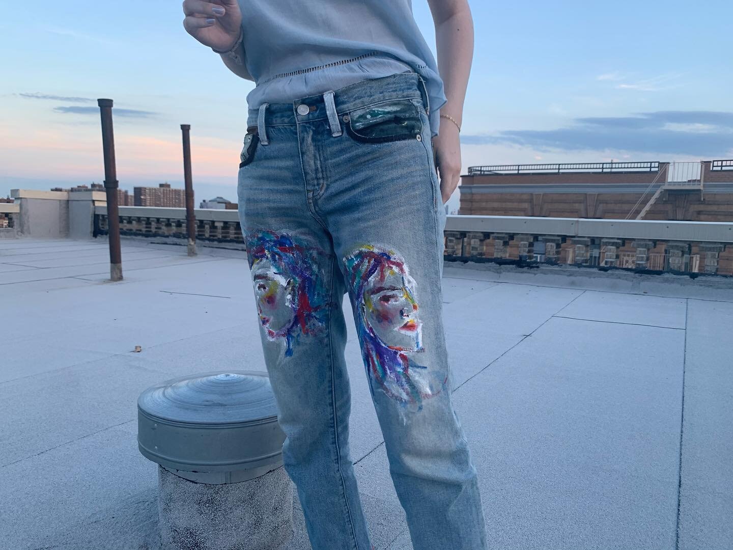 my first painted thrifted jeans!

images inspired from &ldquo;Portrait of a Lady on Fire&rdquo; and &ldquo;Midsommar&rdquo; and the myths of Orpheus &amp; Eurydice and Medusa. The faces on the thighs were made up on the spot, but add a nice touch!

A