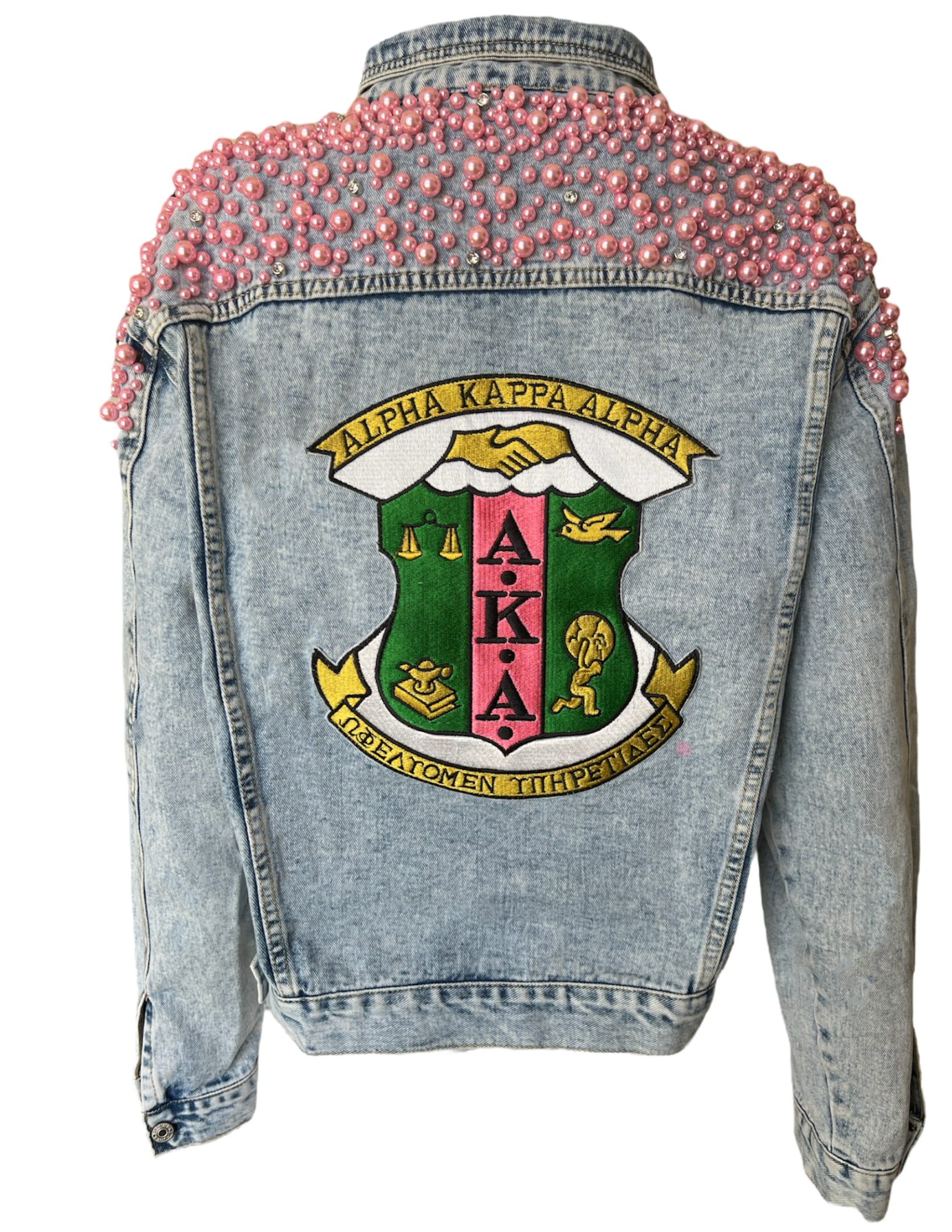 Ace & Deuce Exclusive: A Girl & Her Pearls Denim Jacket (Pink Pearls)