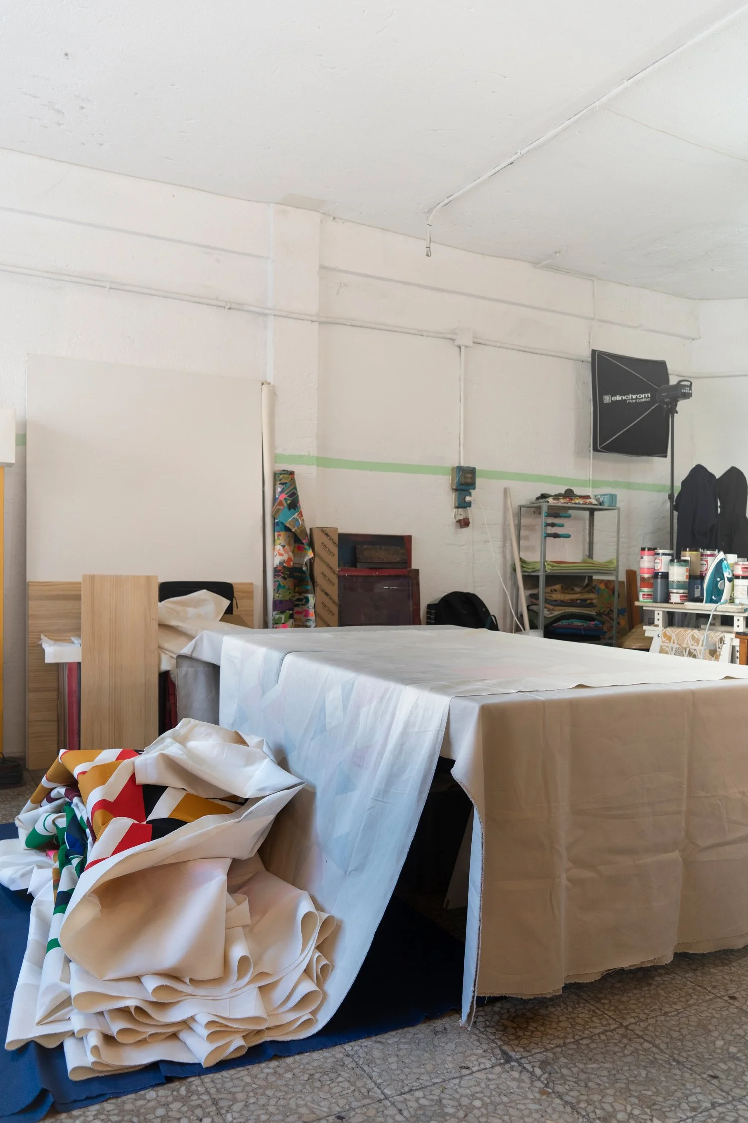 Working in the studio. Hand-printing process.