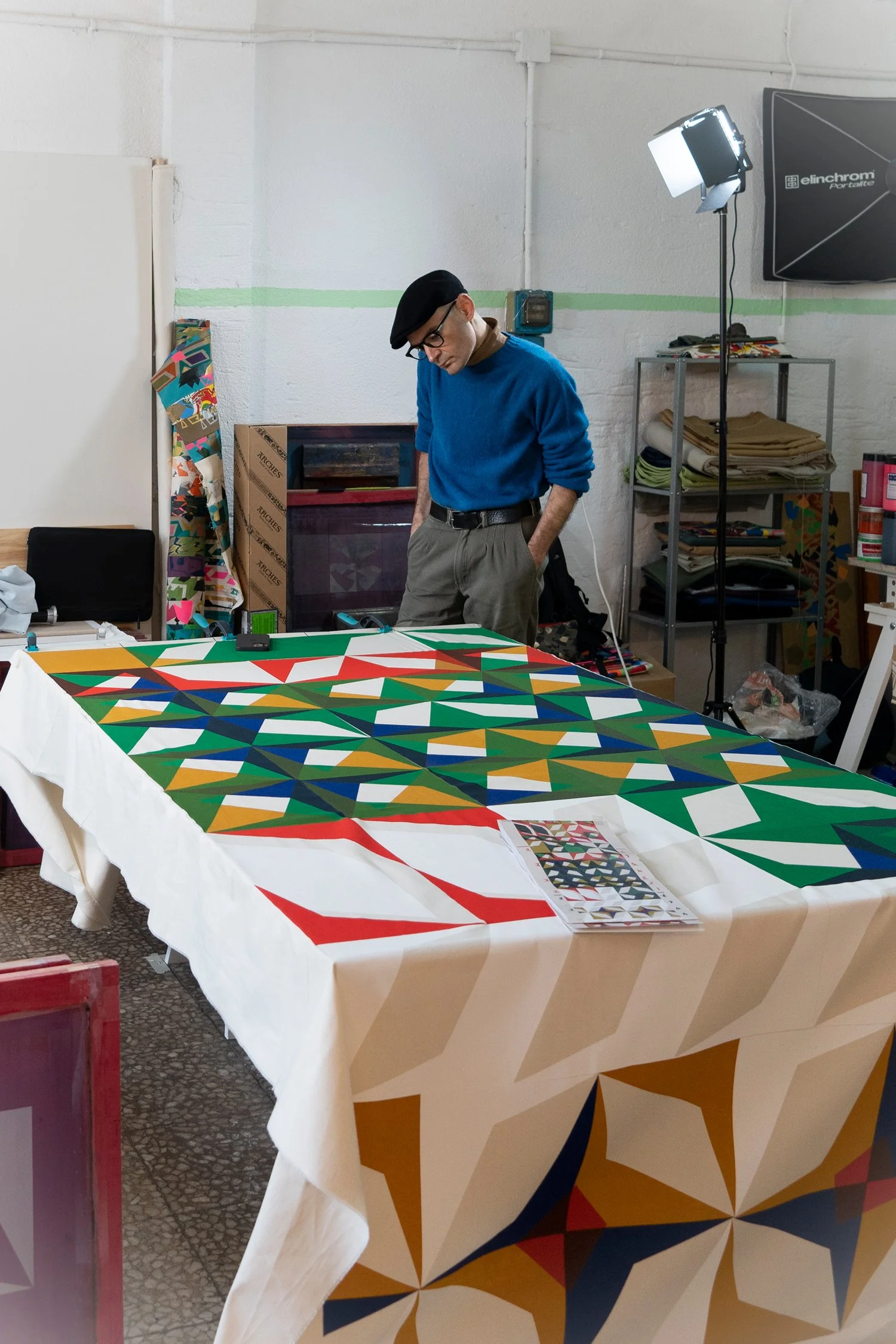 Working in the studio. Hand-printing process.