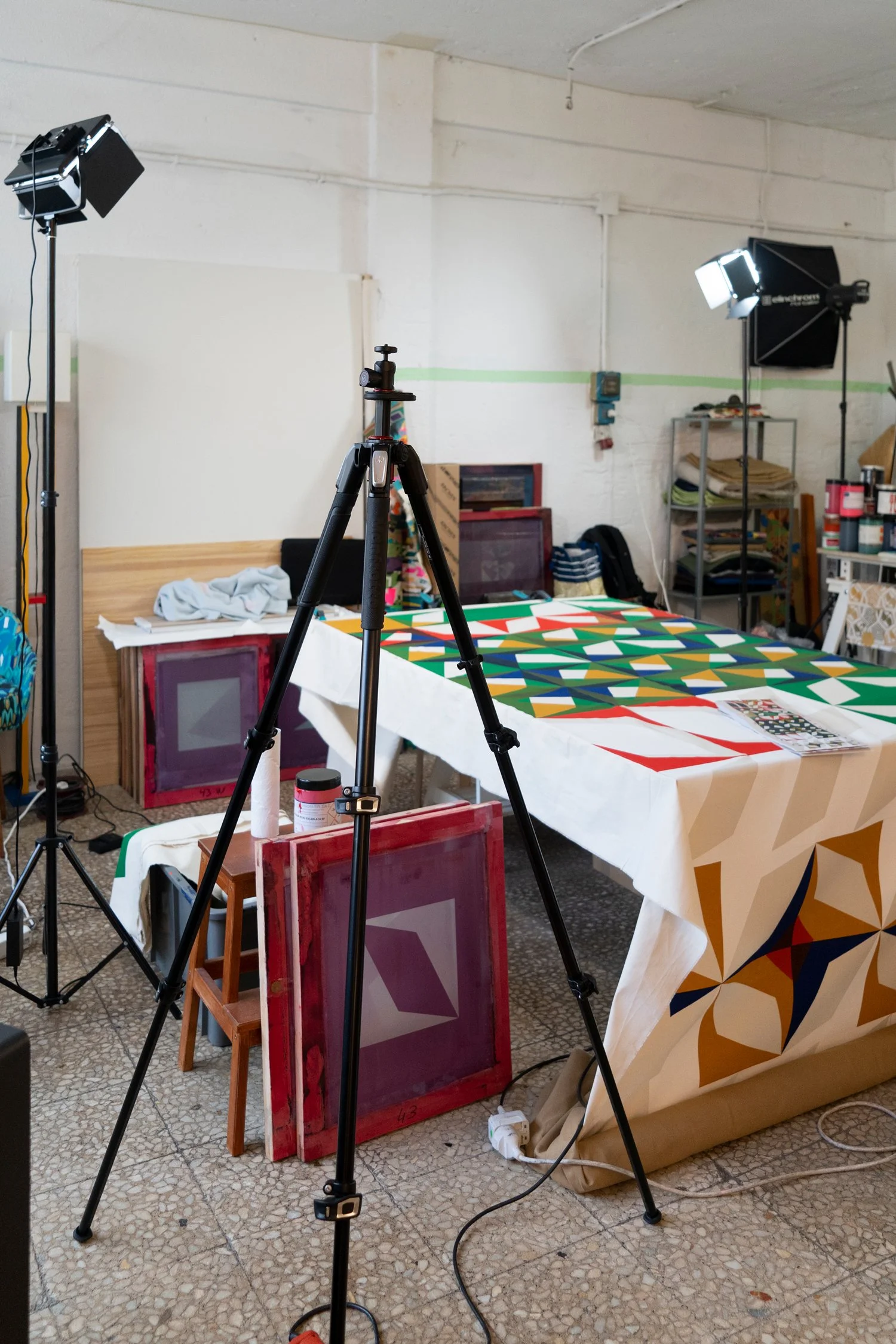 Working in the studio. Hand-printing process.