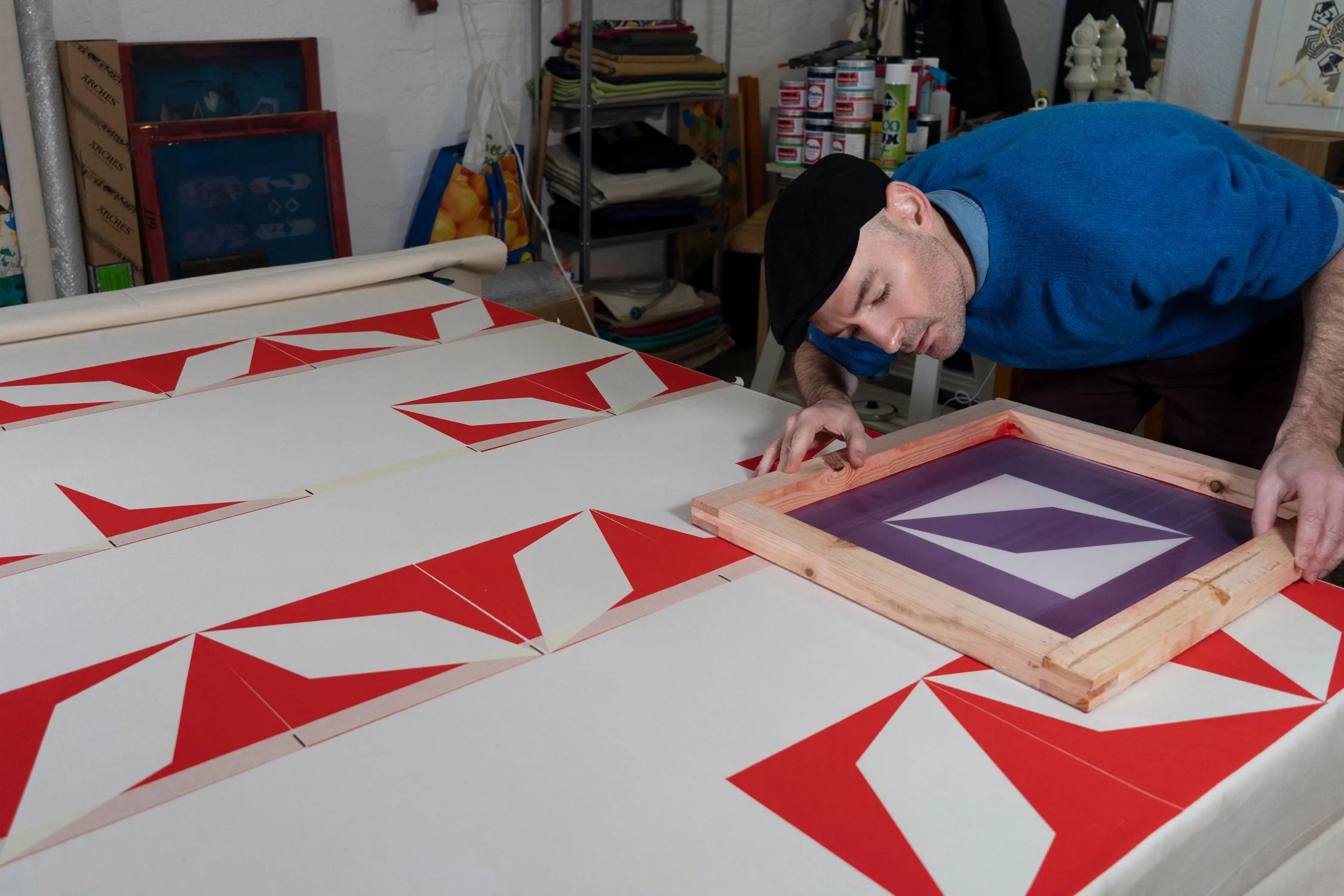 Working in the studio. Hand-printing process.