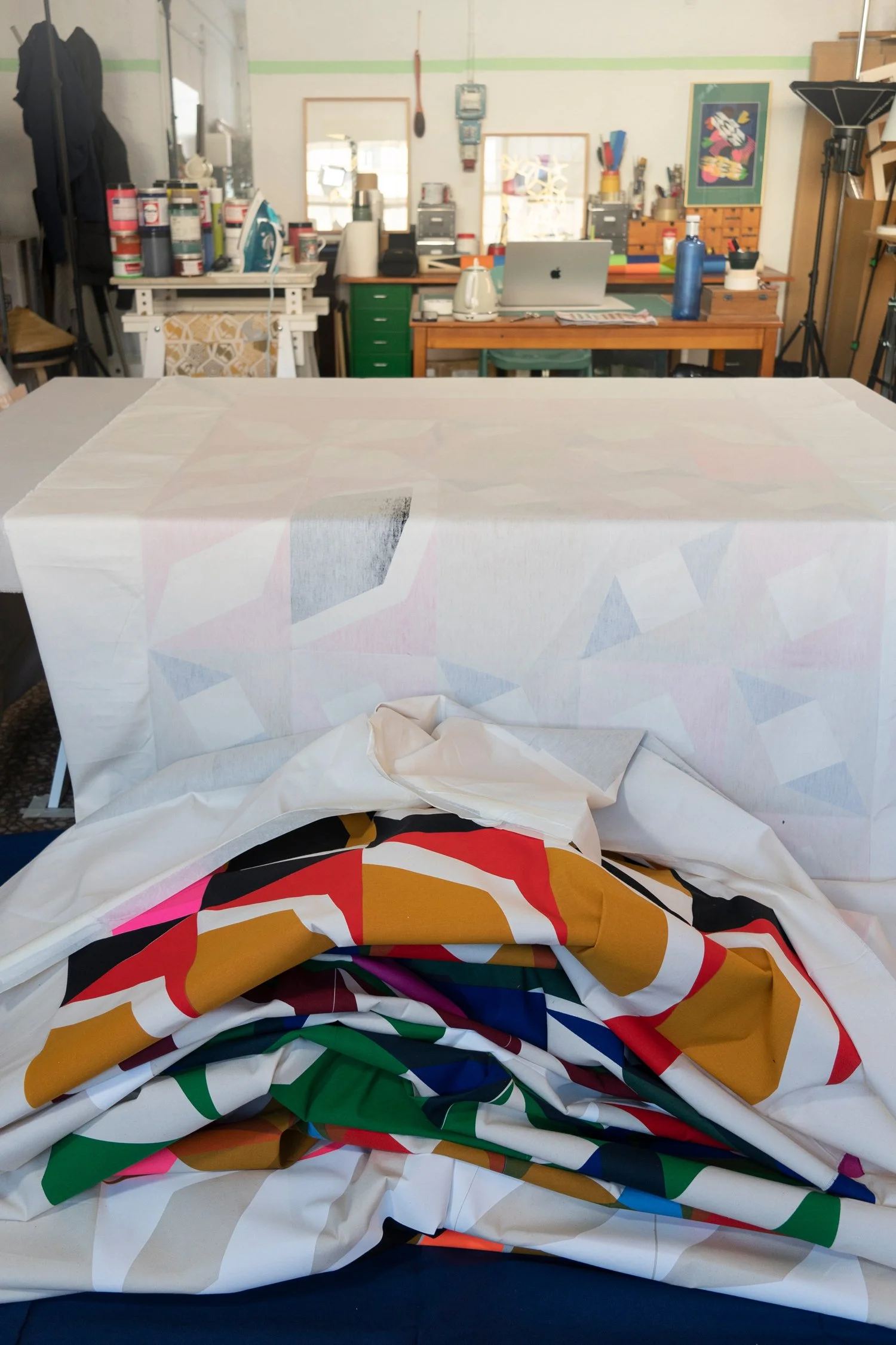 Working in the studio. Hand-printing process.
