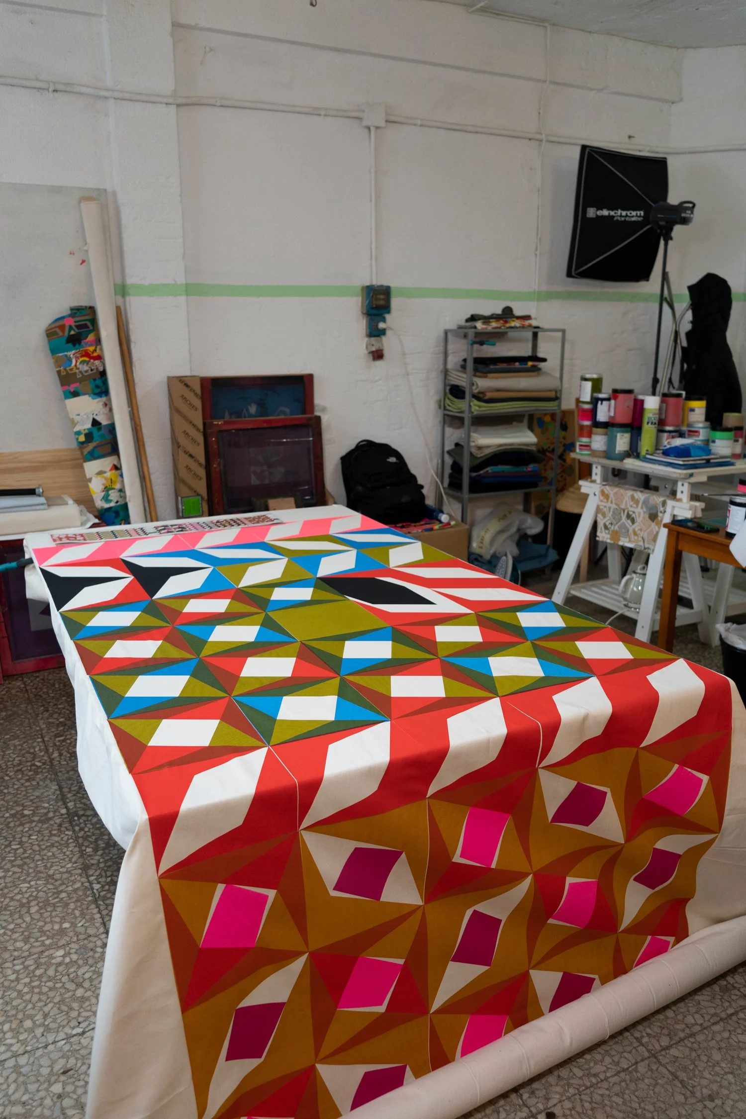 Working in the studio. Hand-printing process.