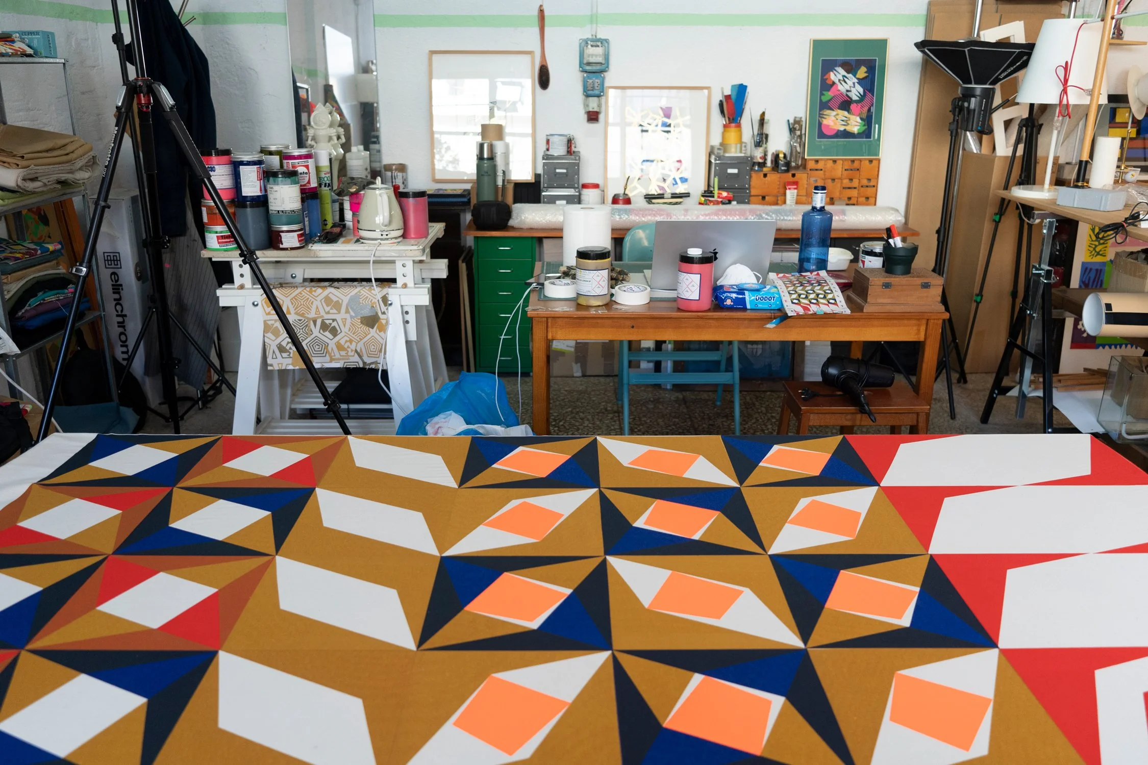 Working in the studio. Hand-printing process.