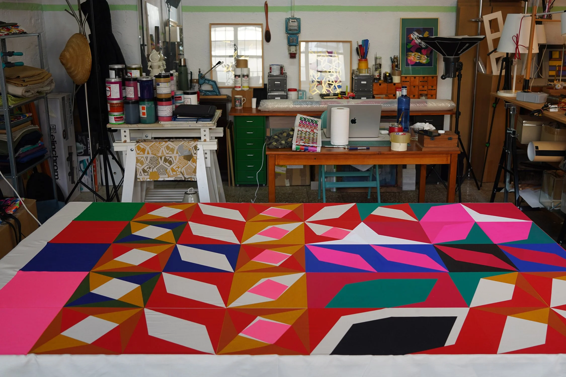 Working in the studio. Hand-printing process.