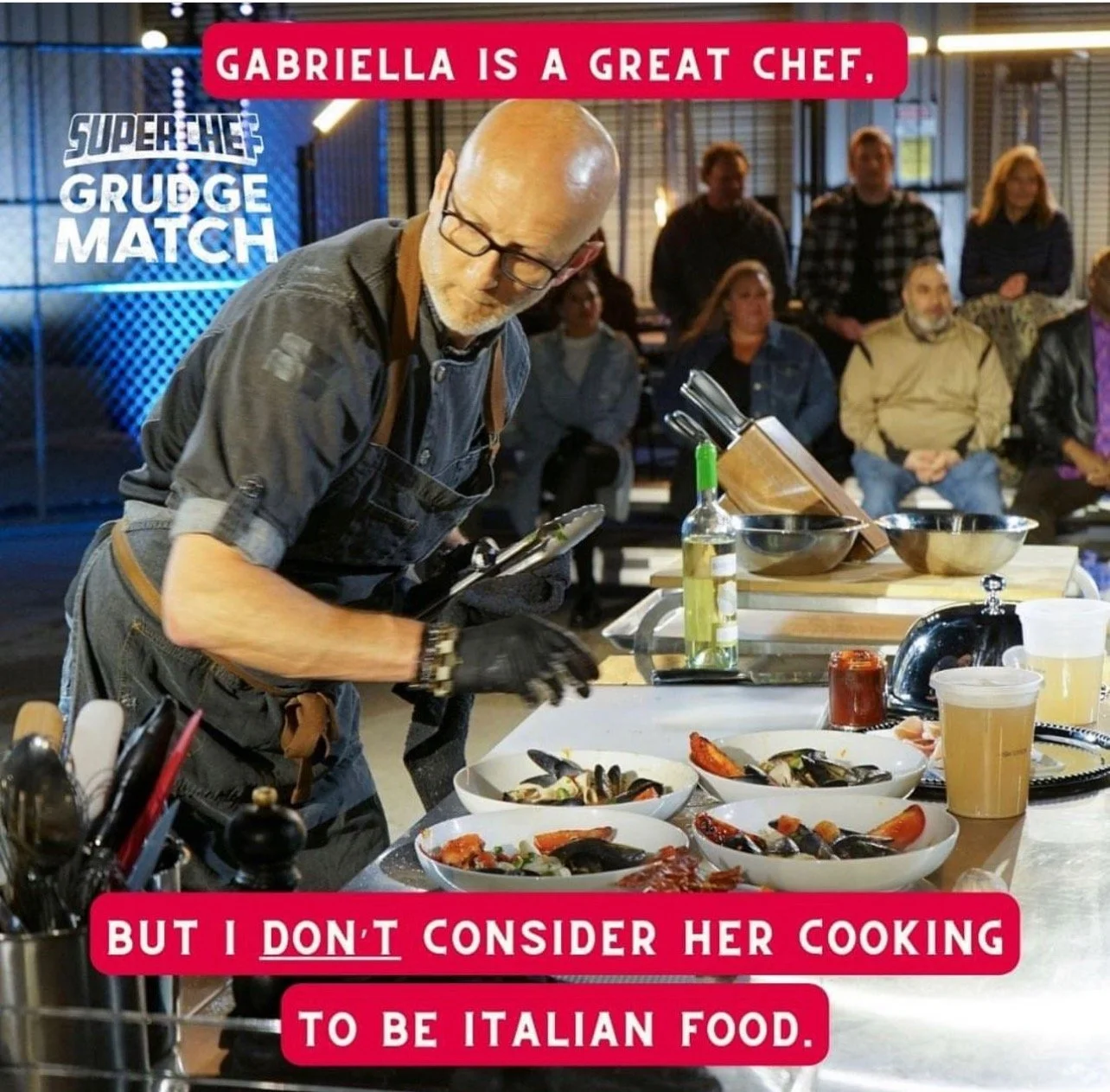 Chef Gabriella preparing Italian seafood dishes in a cooking competition, with an audience watching in the background.