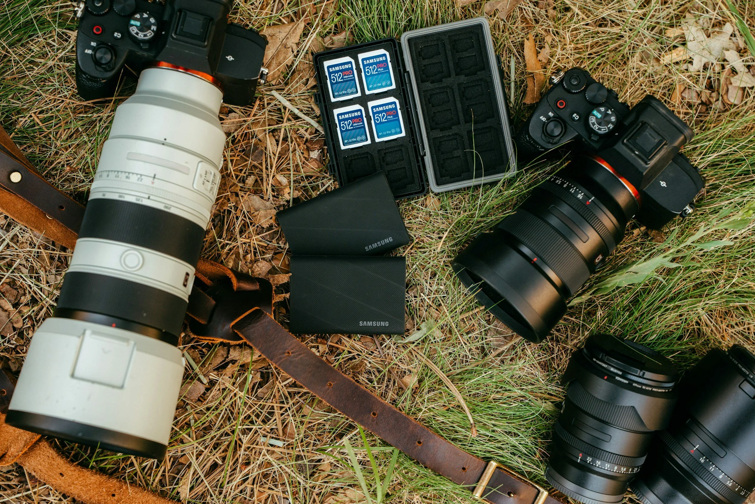 Photography equipment laid out on grass, including two cameras with large zoom lenses, two batteries, two SD card cases, and a leather belt.