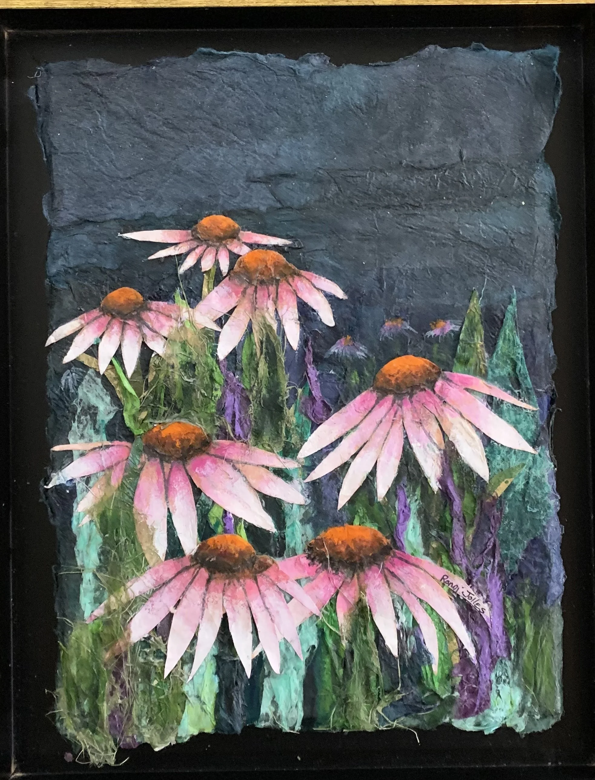 Cone Flowes with Purple.  15" x 12" framed.  Layered Paper & Acrylic