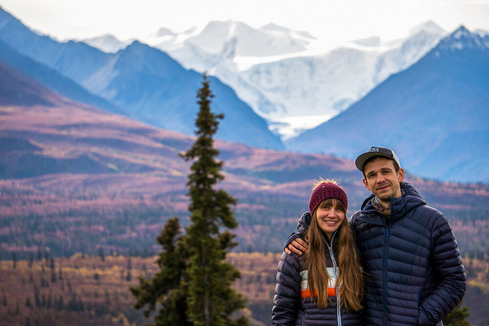 Elizabeth and Damian with the Chugach Mountains
