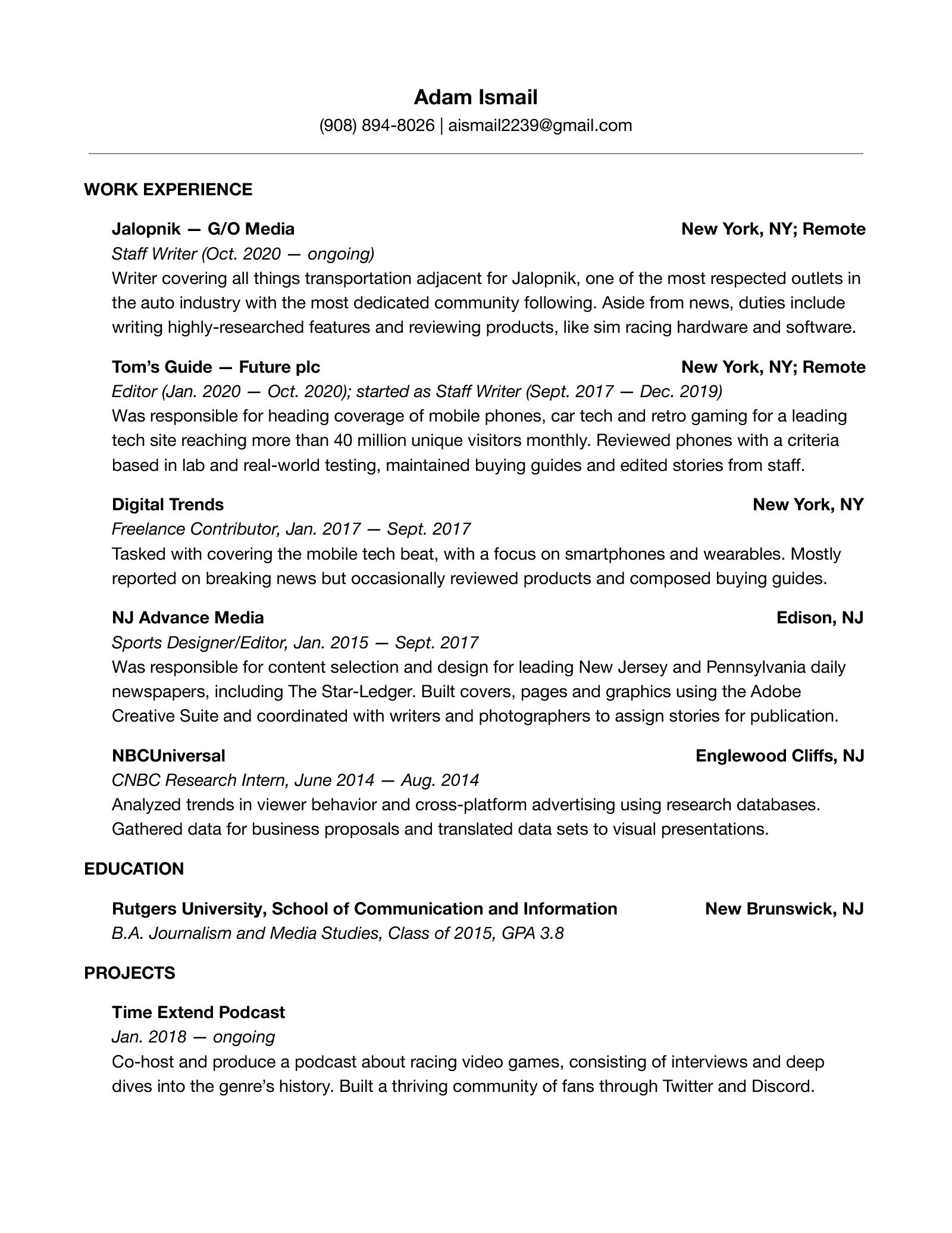 Contact Resume Adam Ismail