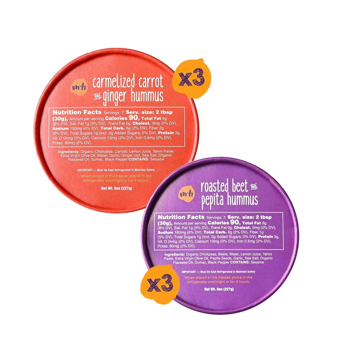 Duo Pack: Roasted Beet and Pepita Hummus (3) + Caramelized Carrot and Ginger Hummus (3)