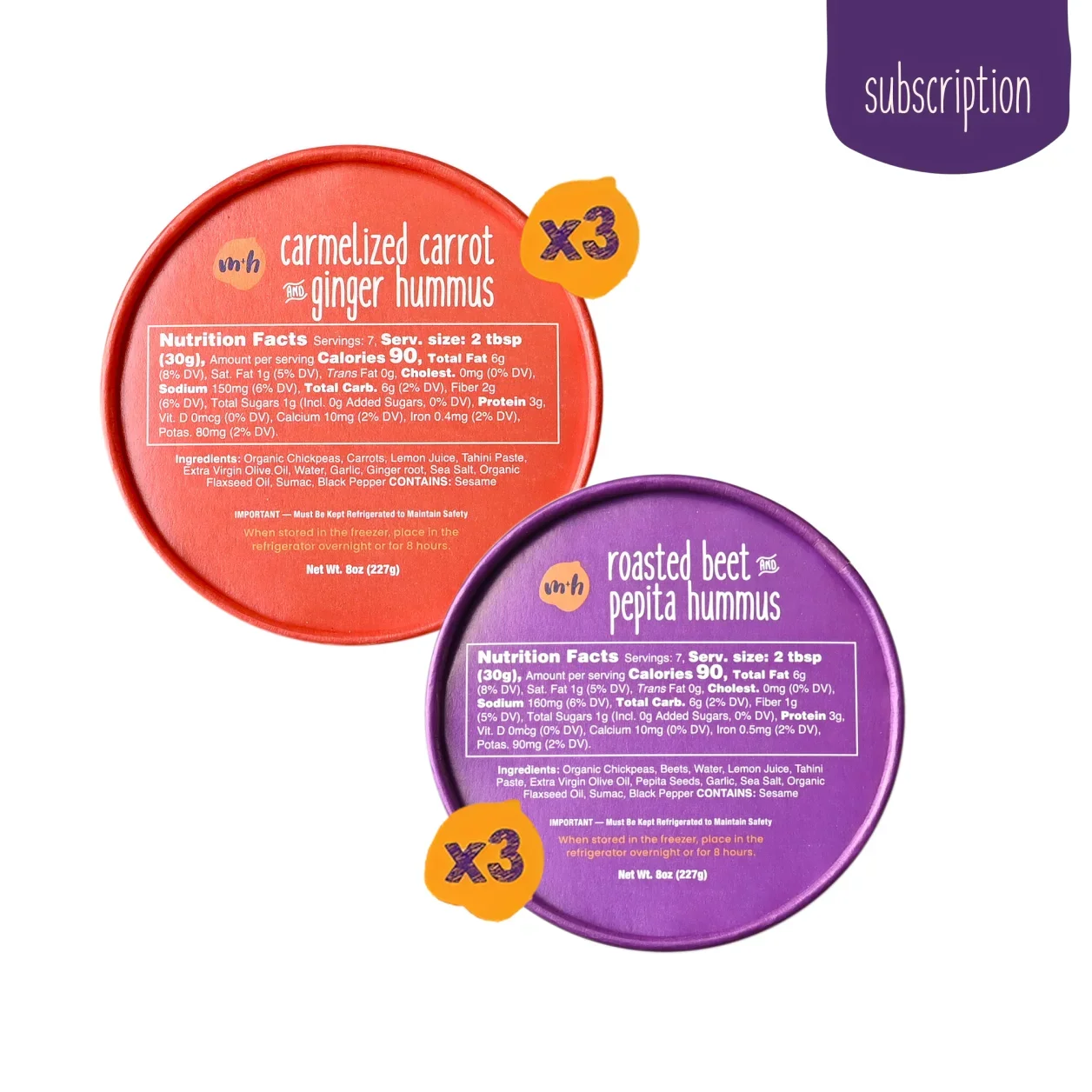 Roasted Beet and Pepita Hummus + Caramelized Carrot and Ginger Hummus 1.webp