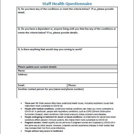 Template: Staff Health Questionnaire