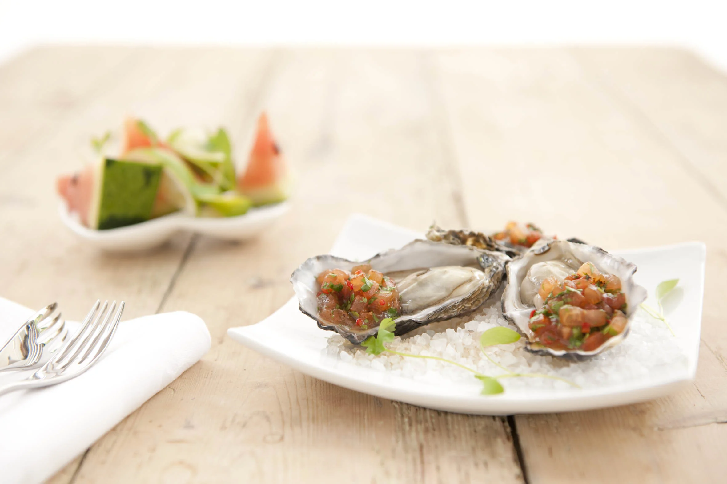 NZ Pacific oysters with grilled watermelon &amp; chili lime dressing