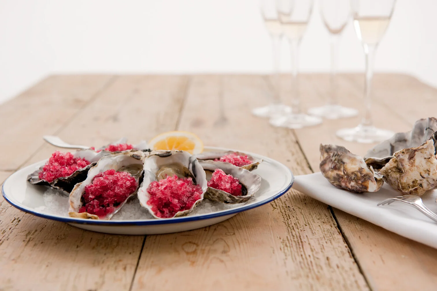 NZ Pacific oysters with raspberry mignonette granité