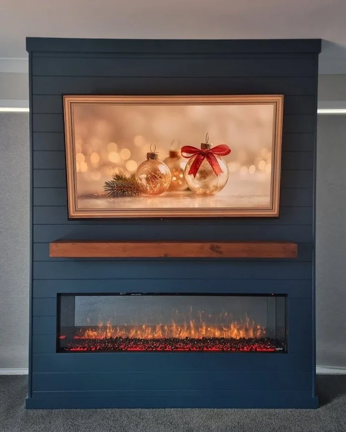 Check out this wee before &amp; after ✨
A quick refresh just in time for Christmas 🎄🔥

We installed a feature wall fireplace complete with a mantel piece and TV - transforming the space into a cosy, modern focal point the whole family can enjoy 🤍?