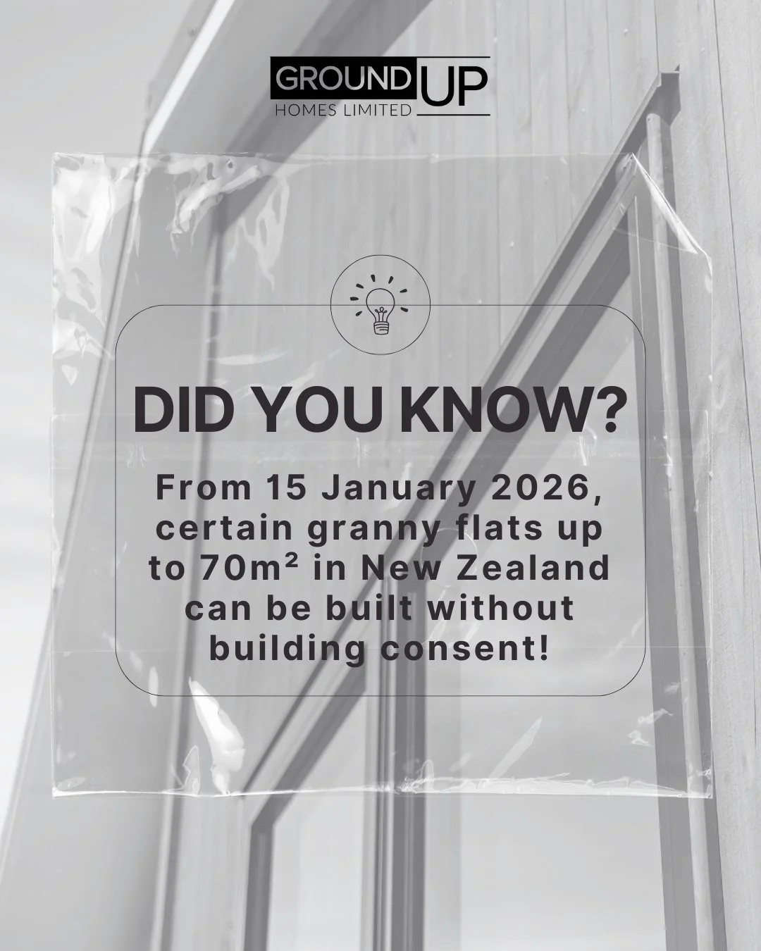 📢 Big news for 2026!
From tomorrow (15th January), brand-new granny flats (standalone homes up to 70m&sup2;) in New Zealand can be built without a building consent - as long as they meet the Building Code, are designed and built by licensed professi
