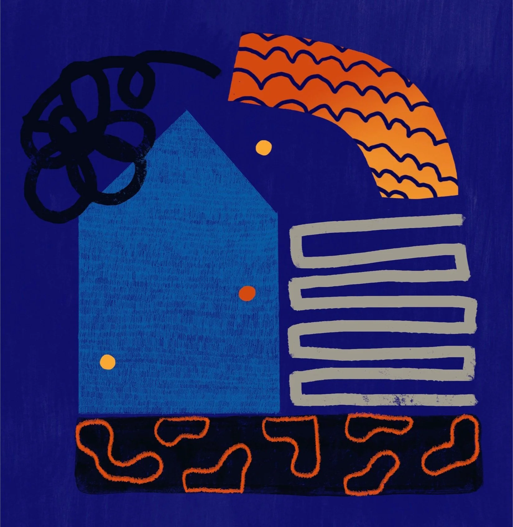 Contemporary abstract illustration 'Little Blue House' by Melbourne artist Jess Lowther (Hoffy), exploring site-specific color and domestic forms