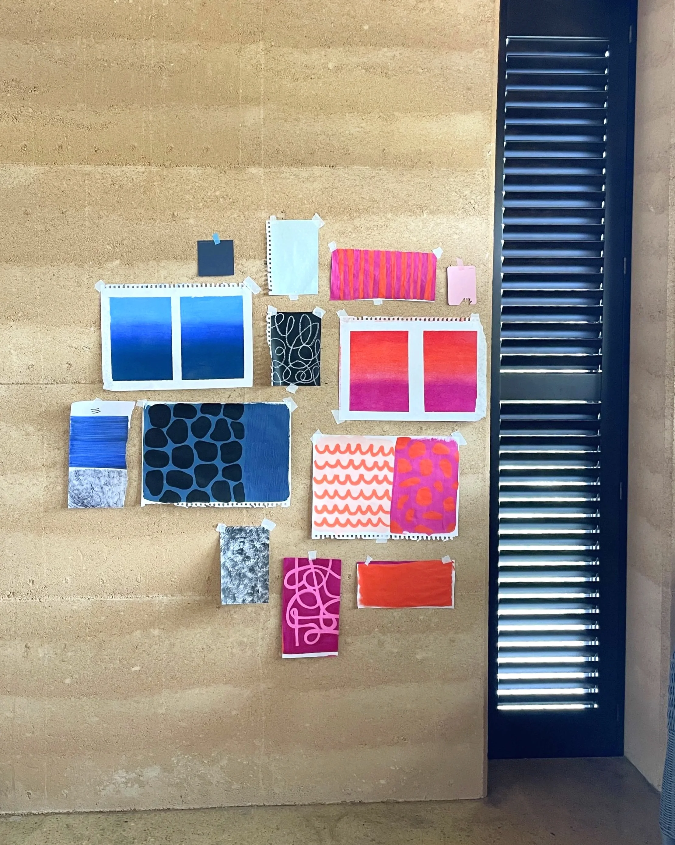 Deconstructed modular collage series 'Muddle in the Making' by Melbourne artist Jess Lowther (Hoffy), exploring interactive abstraction and tactile studio processes through hand-painted paper.