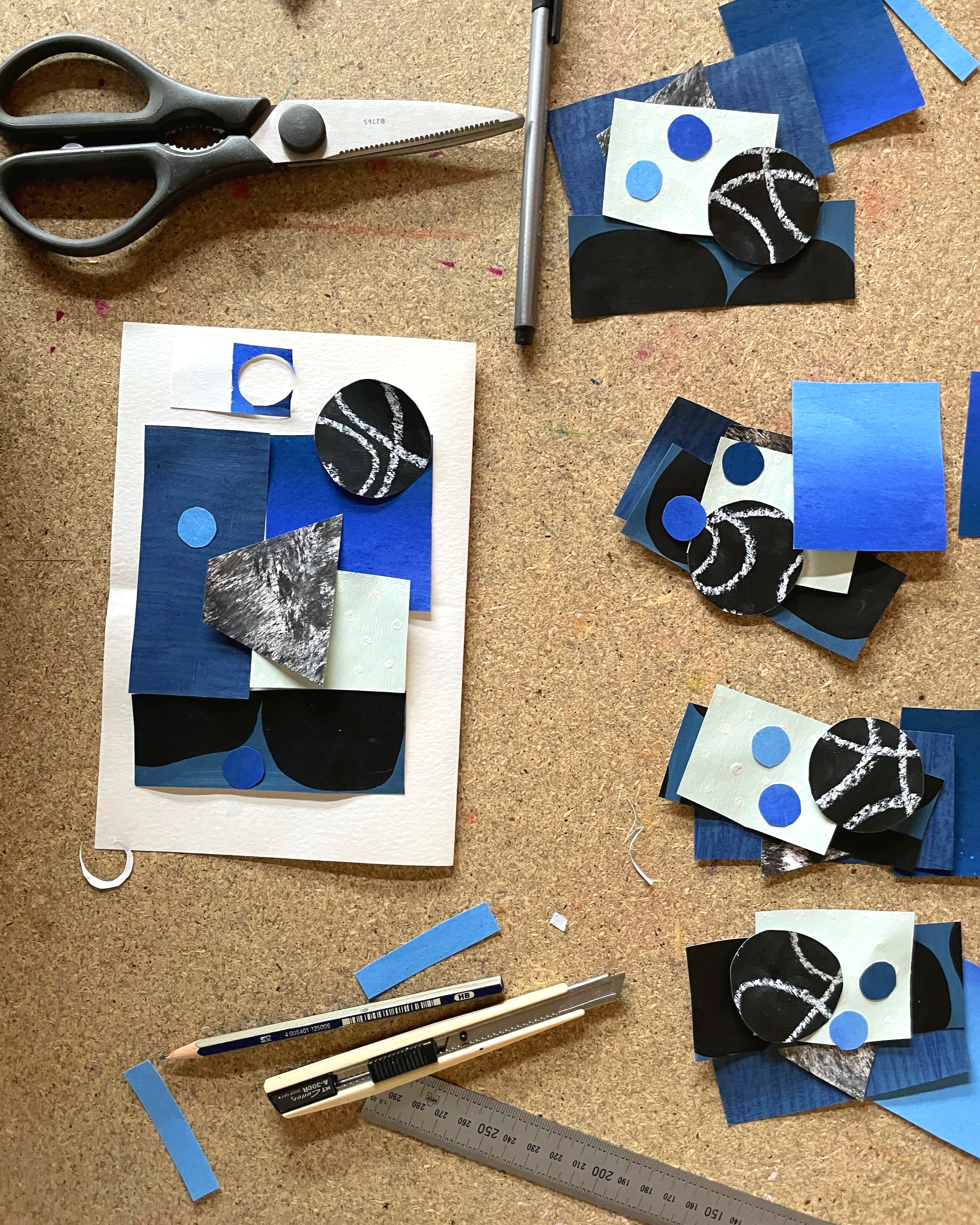 Deconstructed modular collage series 'Muddle in the Making' by Melbourne artist Jess Lowther (Hoffy), exploring interactive abstraction and tactile studio processes through hand-painted paper.