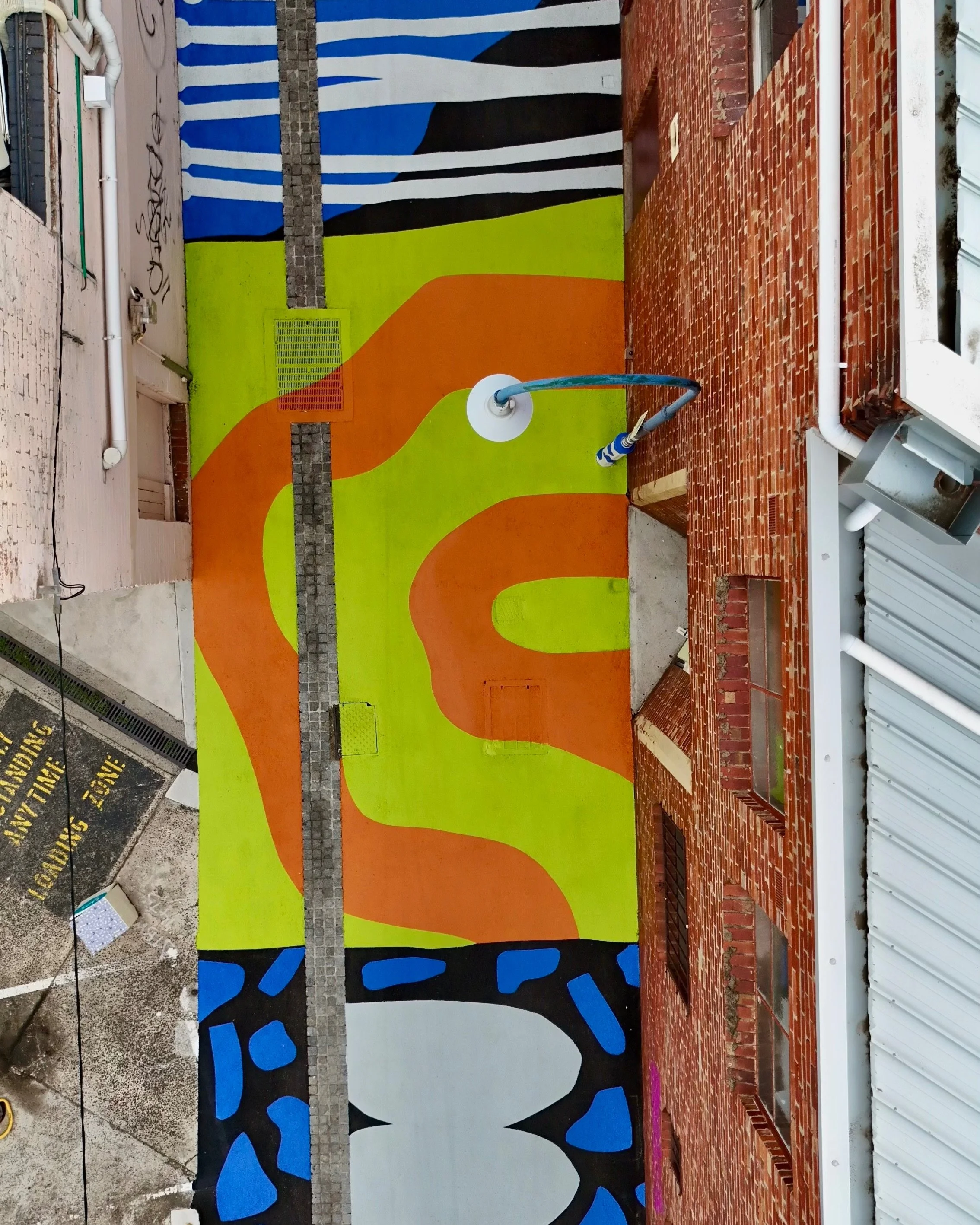 Large-scale road mural and public art installation in Moonee Ponds by Melbourne artist Jess Lowther (Hoffy), featuring 60m of bold organic patterns and playful hand-painted lines.