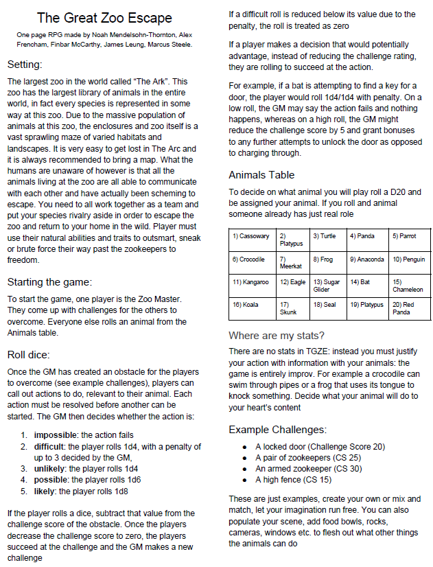 The Great Zoo Escape (1 Page RPG)