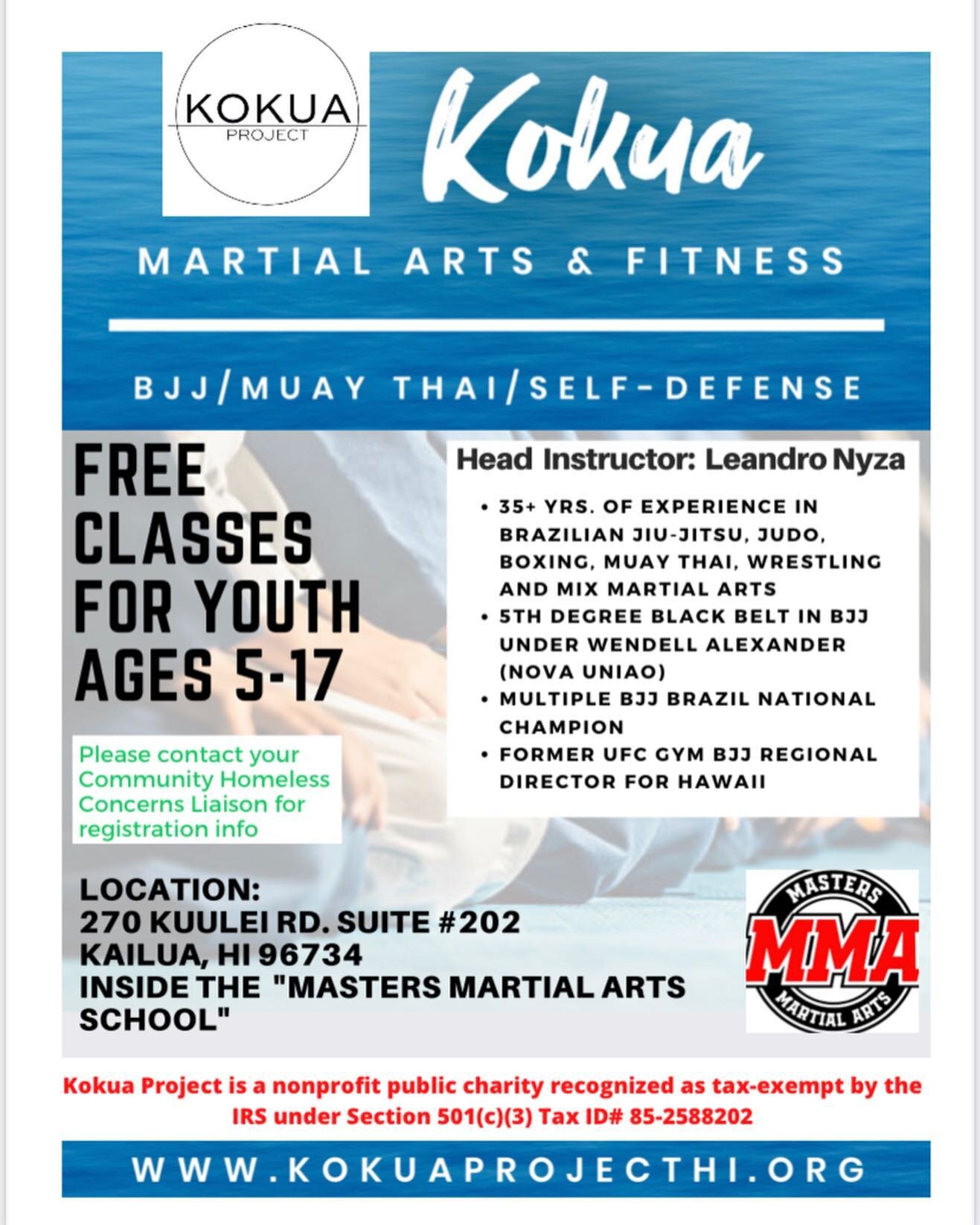 #kokuaproject is now offering FREE martial arts classes to youth ages 5-17 for qualified applicants. Please contact your district &ldquo;Community Homeless Concerns Liaison&rdquo; for information on registering for your free classes.  If you are curr