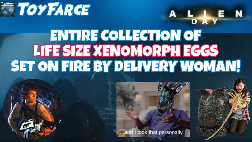 BREAKING NEWS:
ALIEN DAY - ENTIRE COLLECTION OF LIFE SIZE XENOMORPH EGGS SET ON FIRE BY DELIVERY WOMAN!

Happy Alien Day everyone! Alien Day is celebrated by fans worldwide every year on April, 26th (4/26), which refers to LV-426, one of the three mo