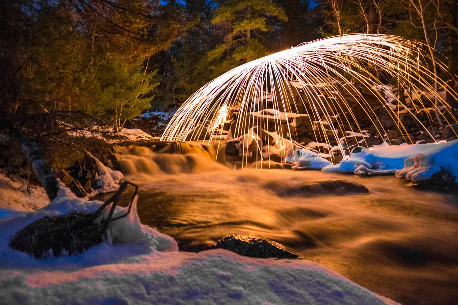 Steel wool photography — winter creek long exposure