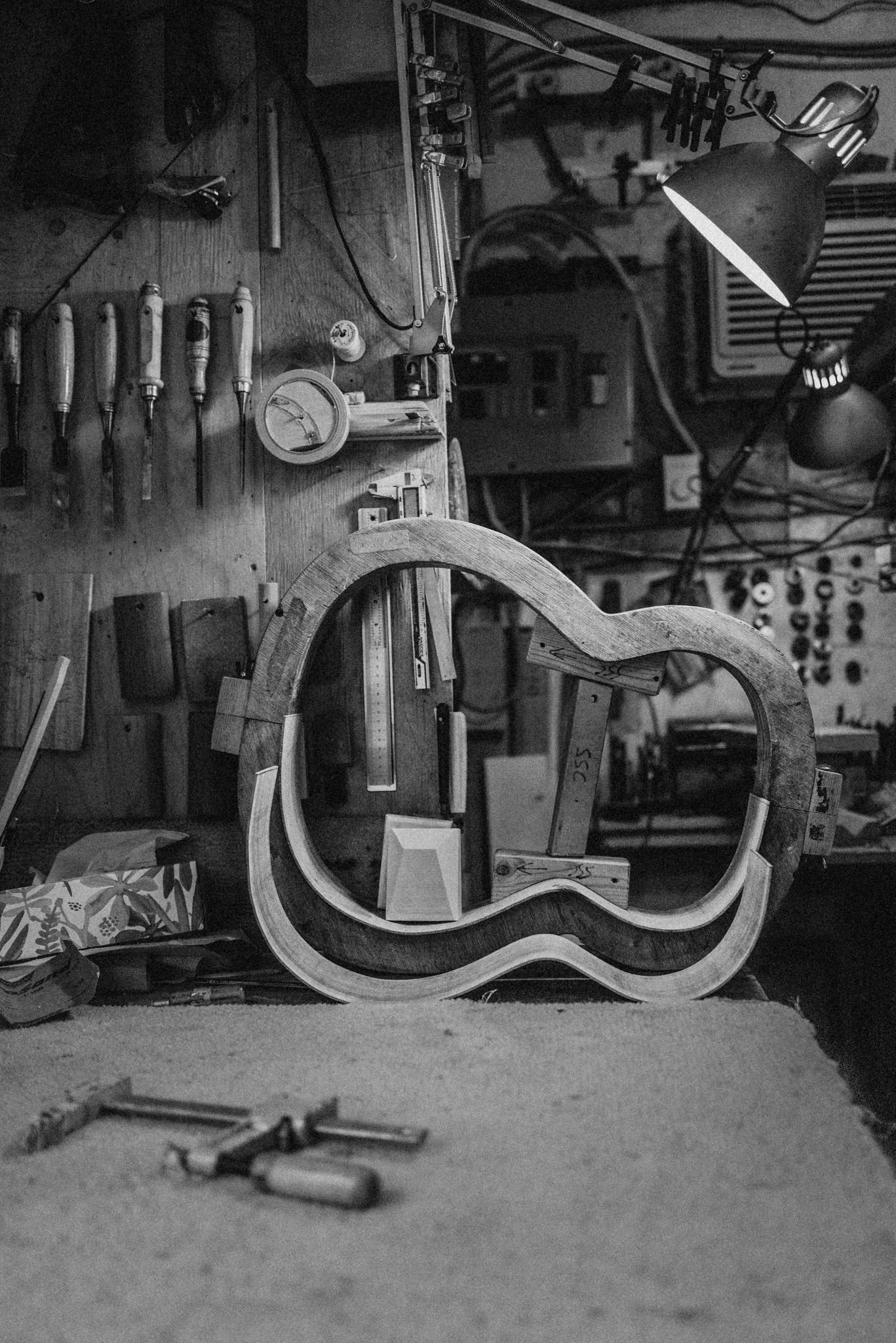 Grace at her lutherie workbench in Chelsea, QC