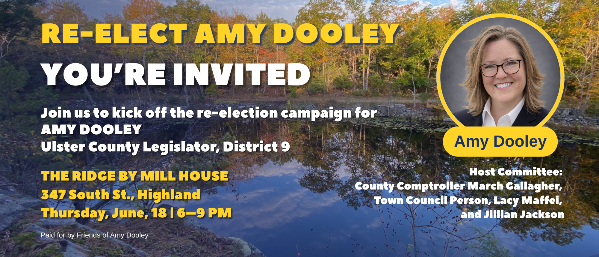 Invite to the re-election kickoff party for Amy Dooley, Legislator for District 9, Lloyd & Esopus