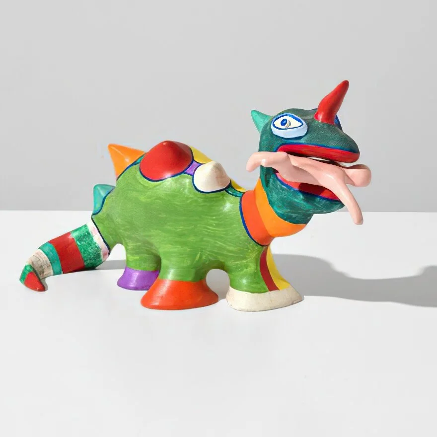 Artist: Niki De Saint-Phalle (b. 1930) Title: Dragon 1979 Medium: Resin, Painted Size: 7.5 x 12 x 4 in. Price: Price on Request Markings: Signed under foot and numbered 10/10. Provenance: Studio of the artist | Arij Gasiunasen, Palm Beach  | Private…