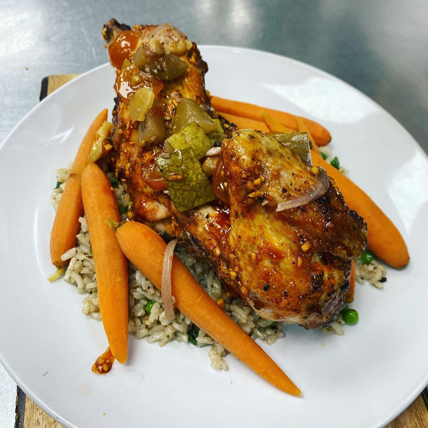 Mother&rsquo;s Day brunch special | Wood roasted chicken with Korean bbq glaze served with pea &amp; scallion creamy coconut rice, steamed baby carrots, and topped with pickled watermelon rind &amp; candied kumquat!