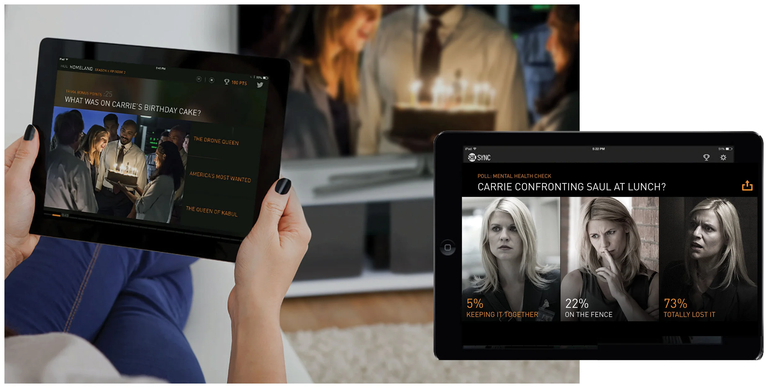 SHO Sync | Interactive 2nd Screen App for Mobile Devices & Smart TVs This Emmy-nominated app let viewers play trivia games, take polls & answer predictive questions in real time while watching Showtime series. I wrote content for entire seasons of S