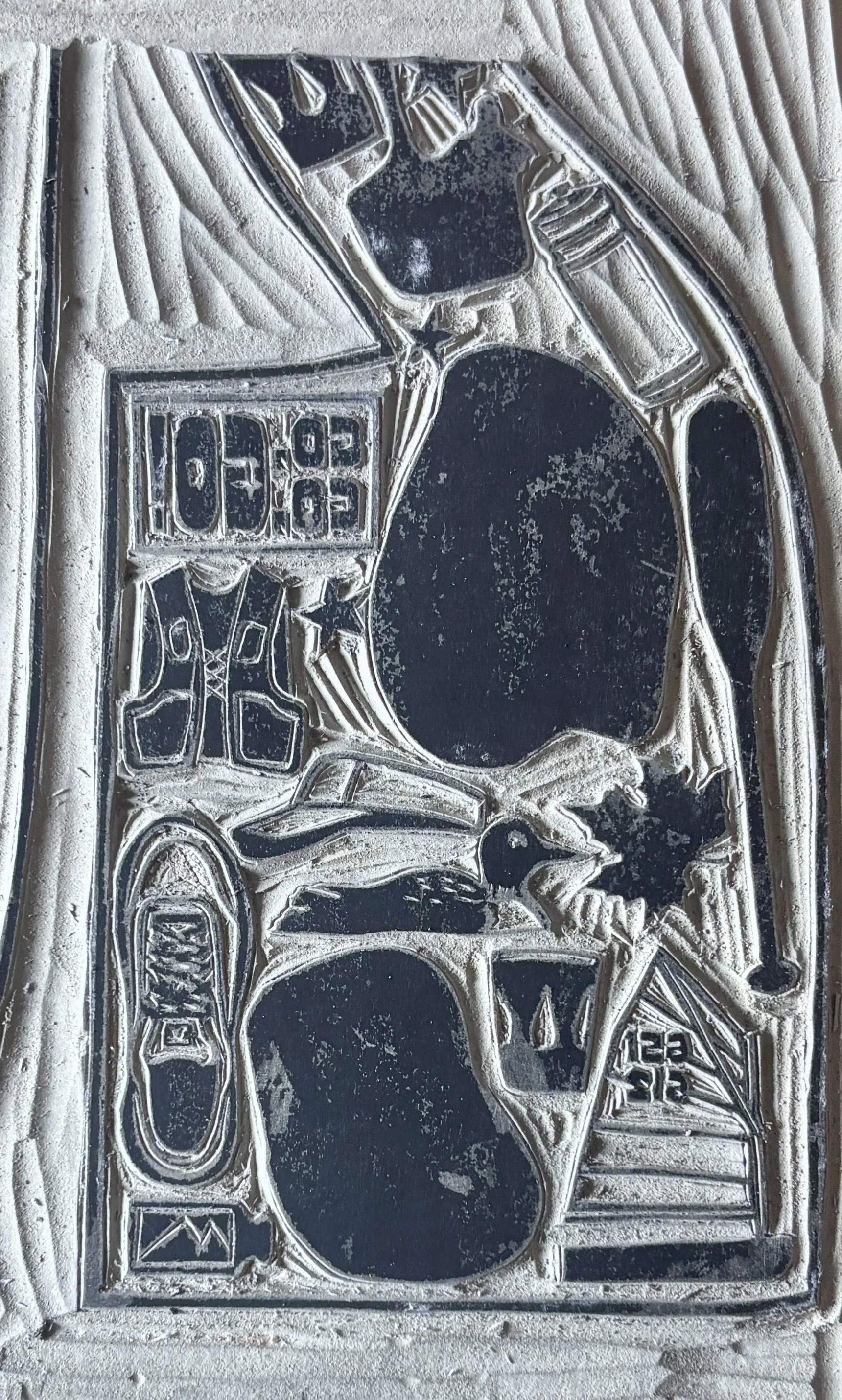 Test of Carved linocut block for the Twin Cities Marathon poster