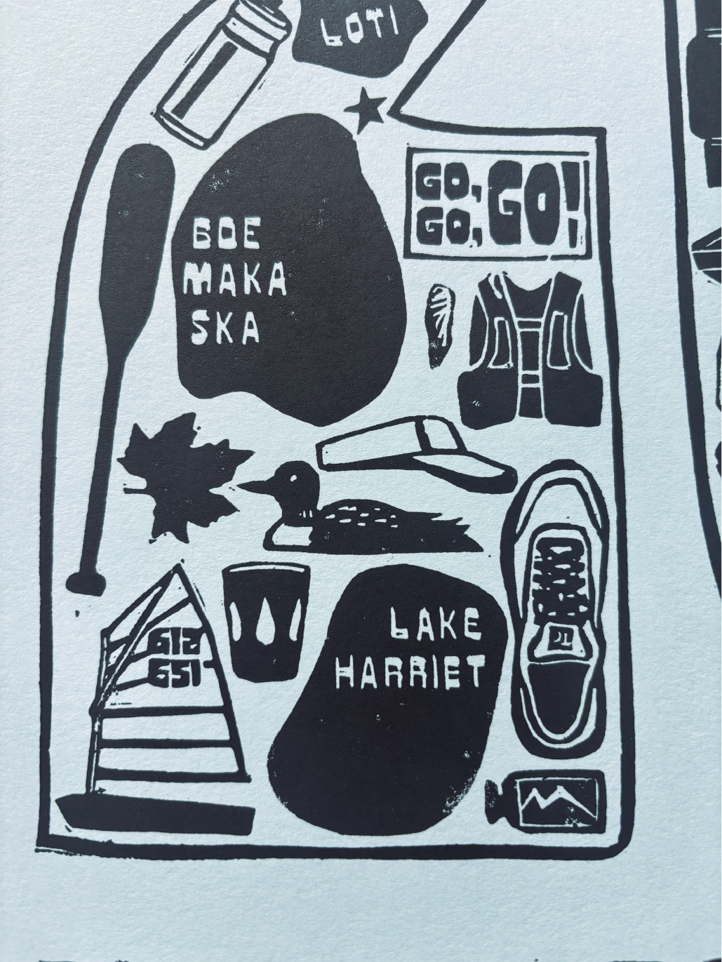 Detail of Twin Cities Marathon poster featuring illustrated running gear and Twin Cities imagery