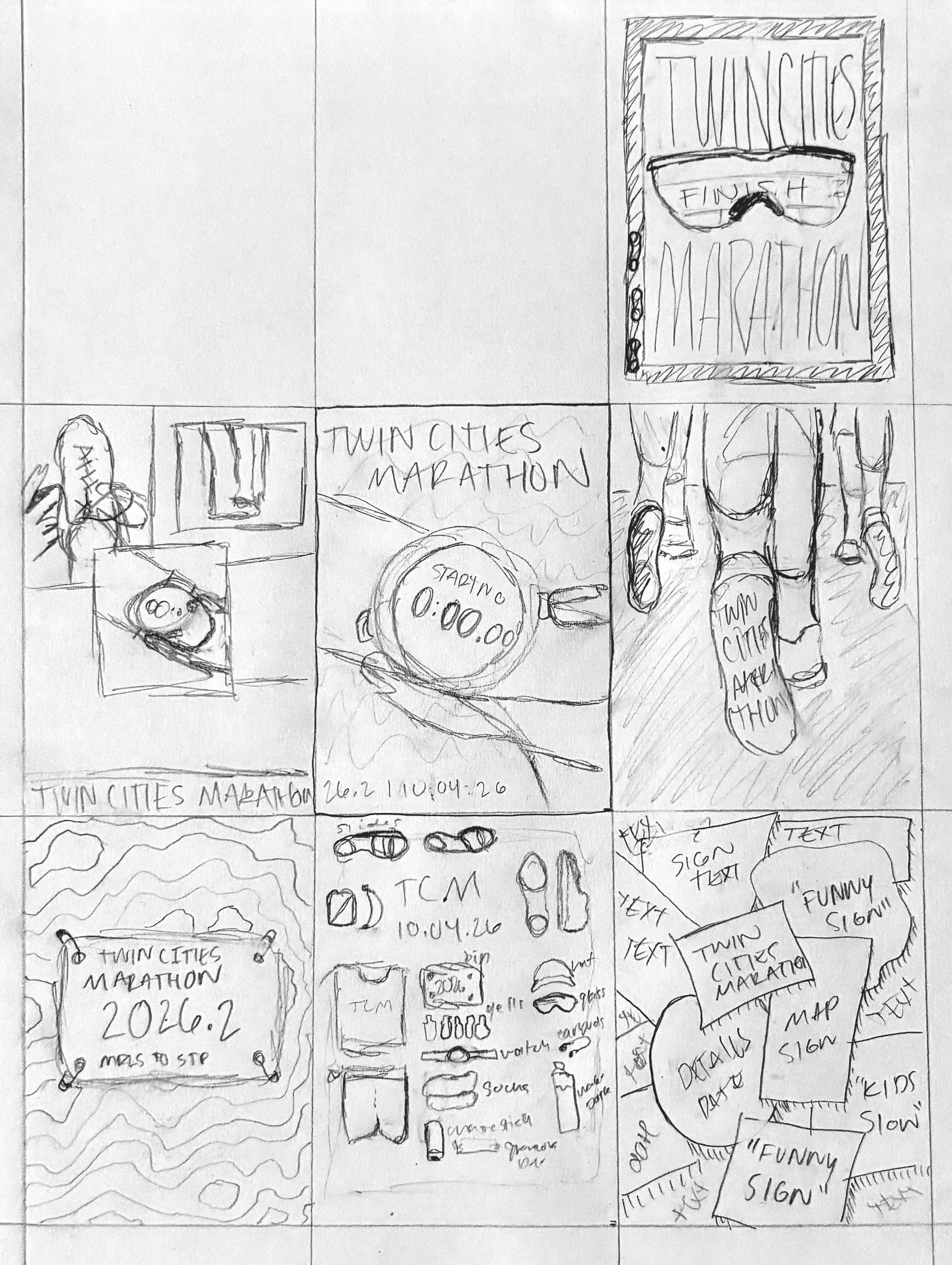 Some Twin Cities Marathon poster concept sketches exploring typography, landmarks, and race imagery