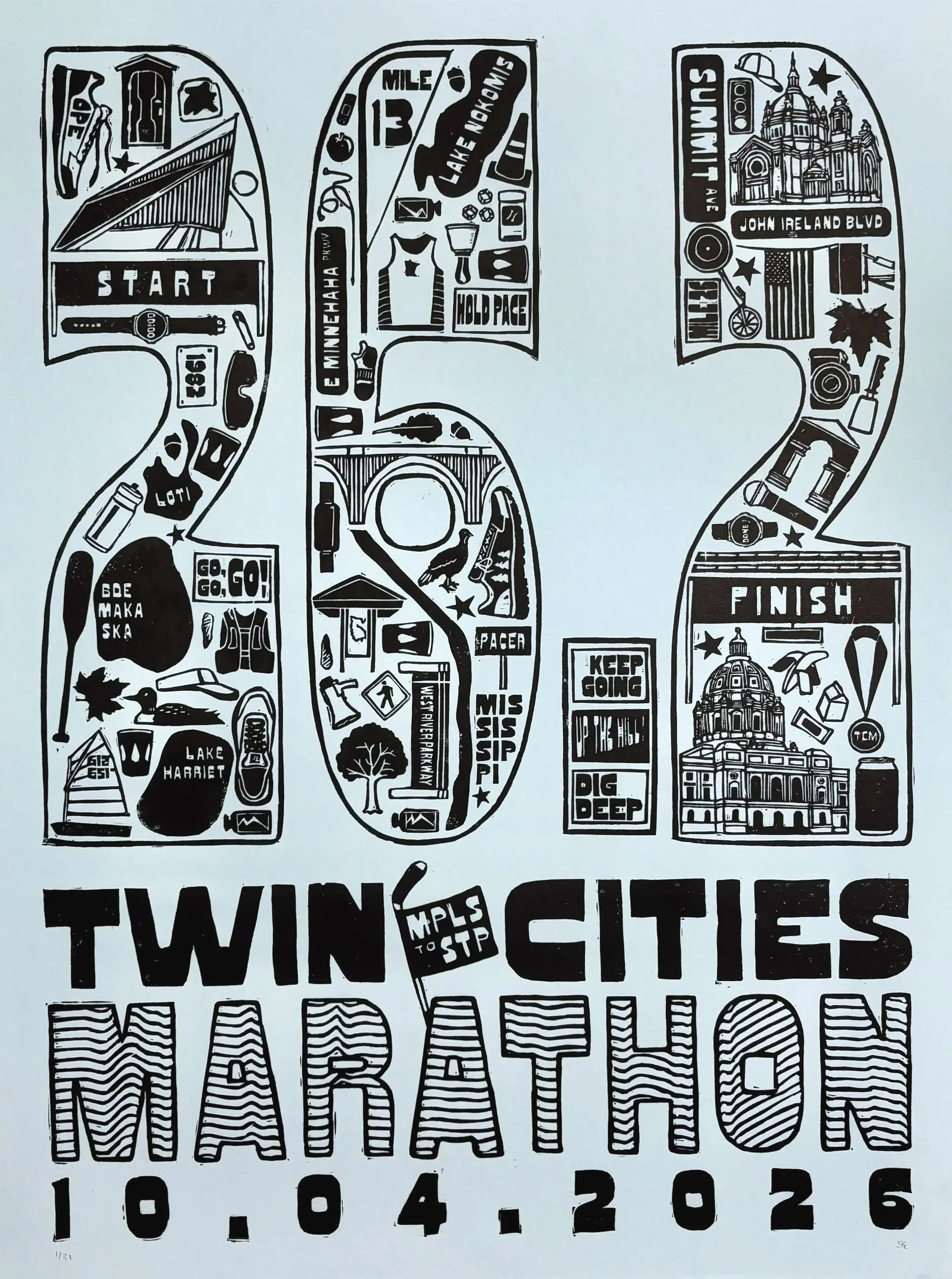 Twin Cities Marathon poster designed and hand-printed as an edition of 31