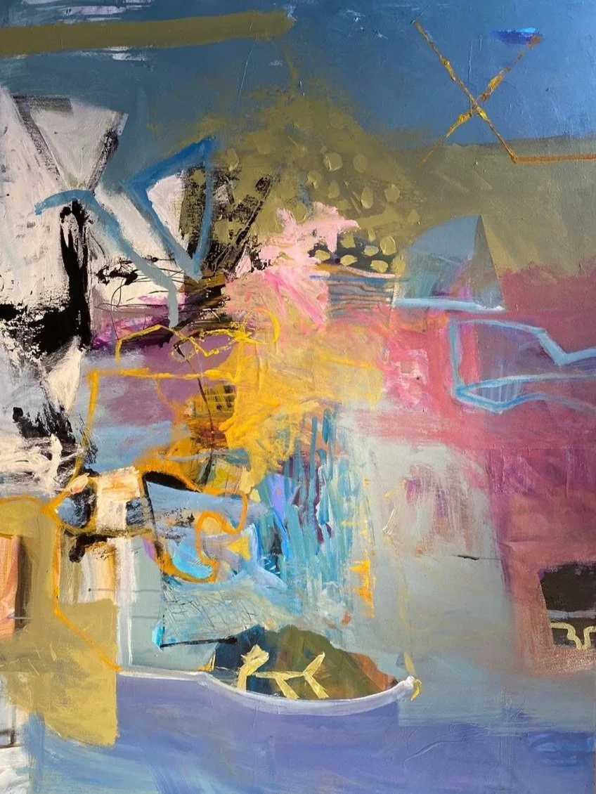 Layered abstract painting in blue, yellow, pink and gray with suggestive organic forms.