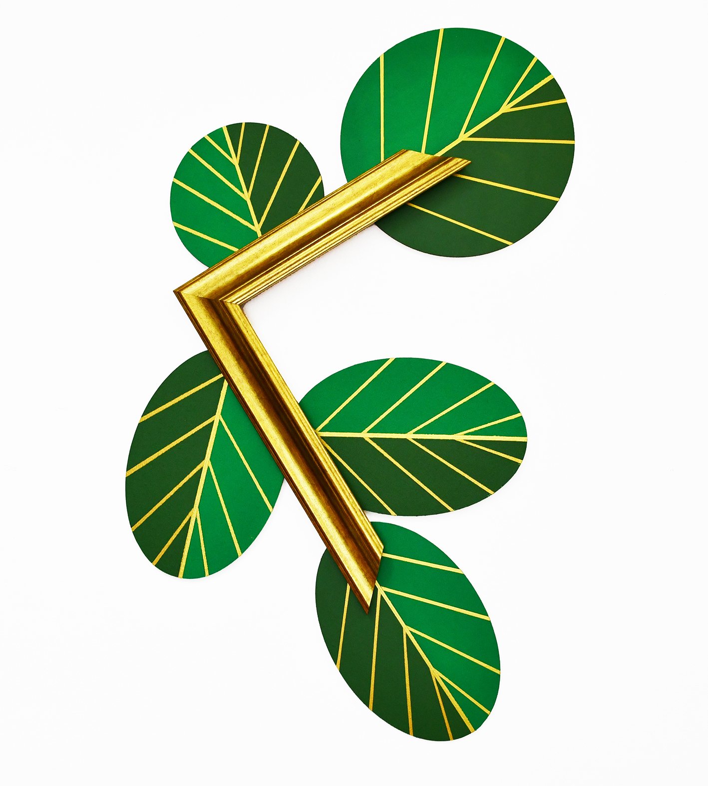 Branch by Zeljka Paic, photographed straight on, with green leaf forms and yellow lines extending around an angular gold frame.