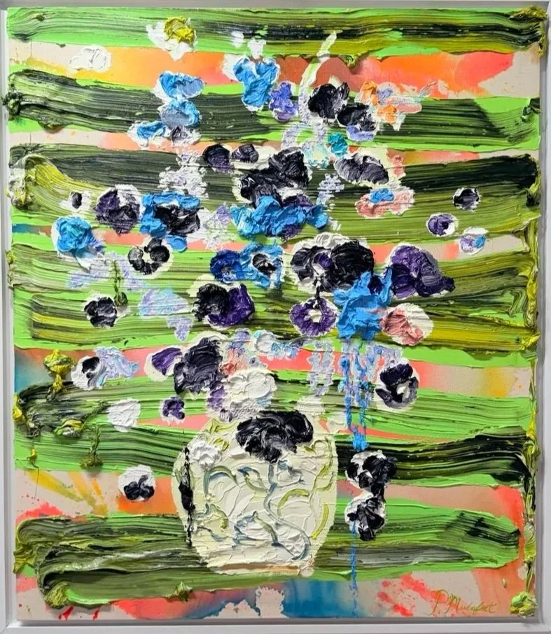 Textured floral painting by Marie P. Mudafort with thick green, blue, purple and white paint in a white frame.