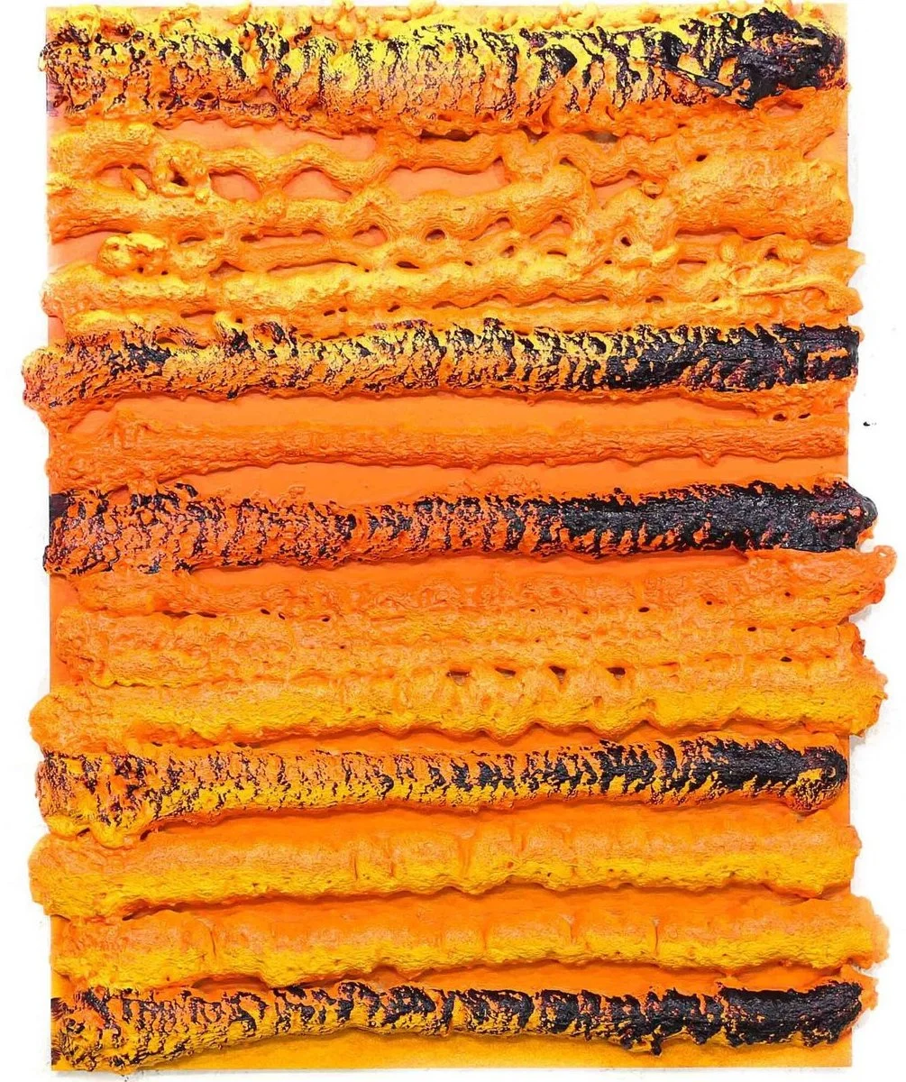 Orange and yellow bands crossed by black marks in Orange Is The New Orange by Otto Bayer.