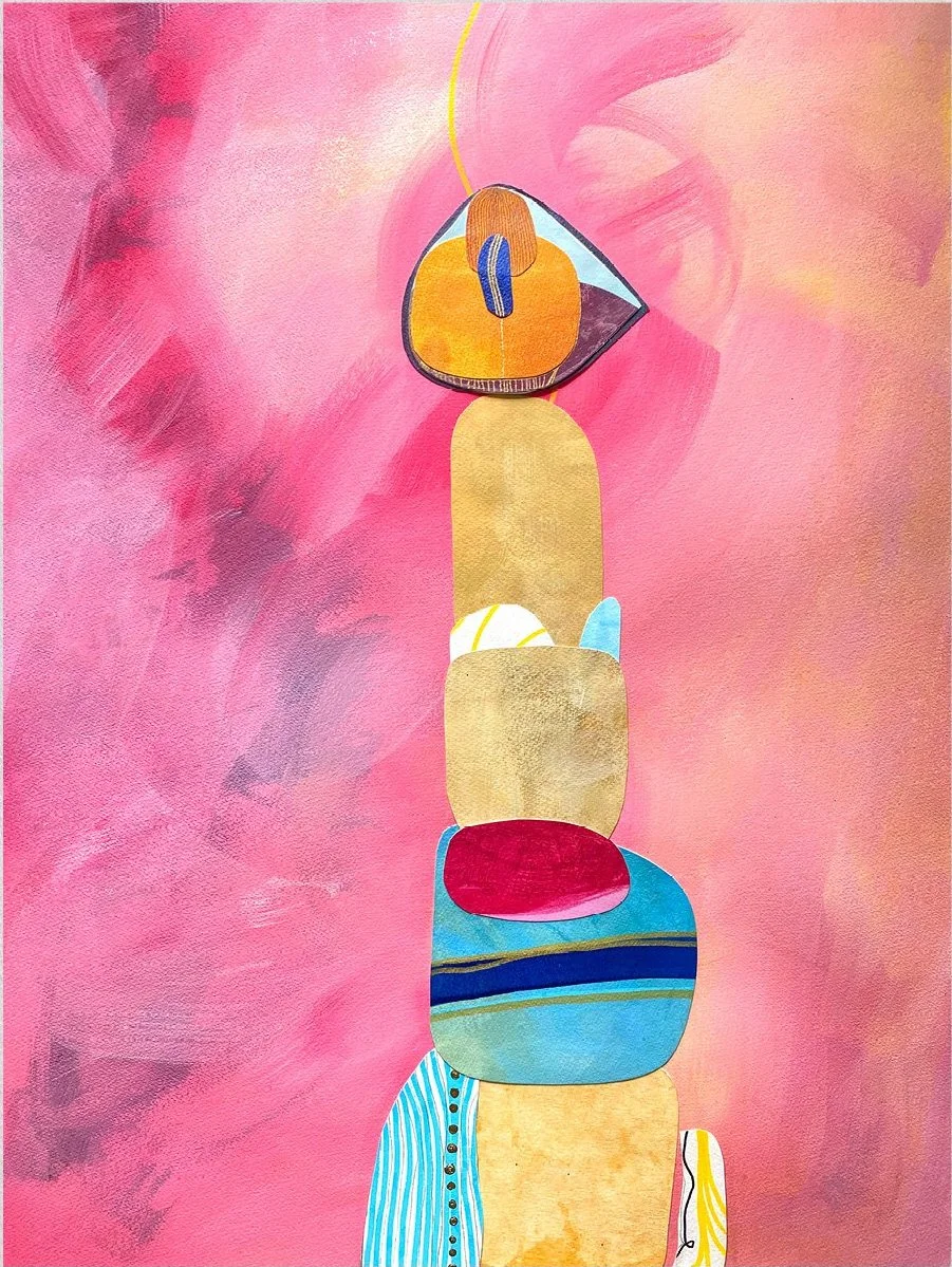 Pink abstract composition with stacked colorful forms in Vanilla, Tears and Fraise by Cynthia Pareja Dubin.