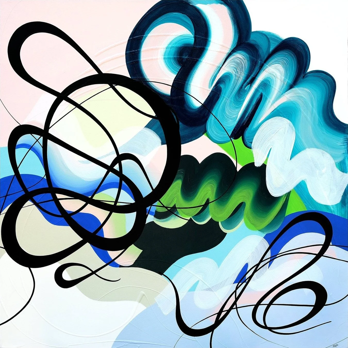 Blue and turquoise sweeping forms with looping black lines in Come Away With Me #1 by Sandra Di Leo.