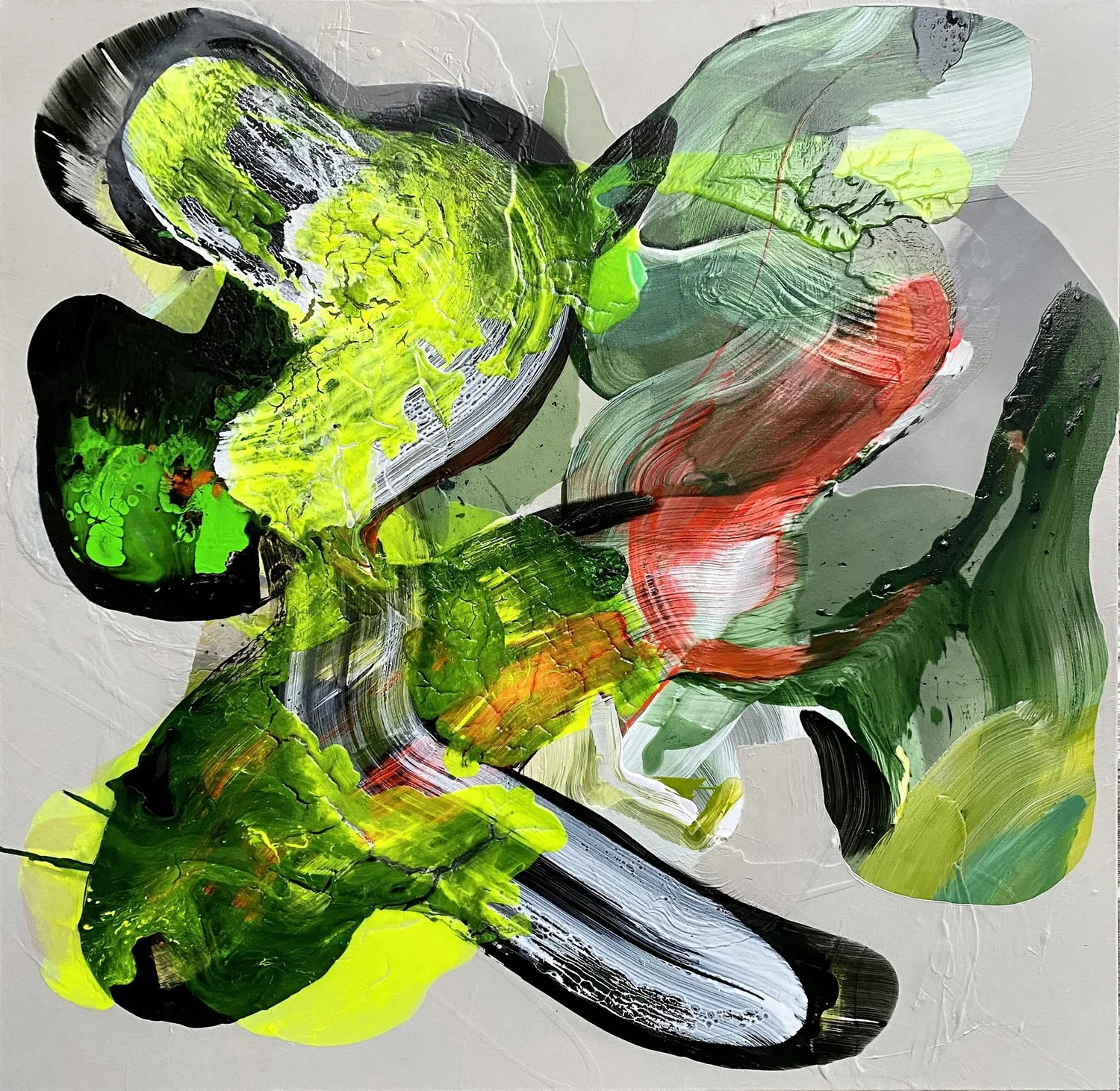 Innuendo by Calina Hiriza, broad gestural strokes of lime yellow, green, black, white and muted red on a light ground.