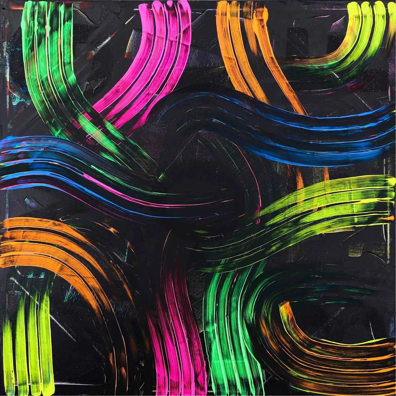 Ibiza’s Night by Jesús Núñez, curved green, pink, yellow, orange and blue brushstrokes across a black background.